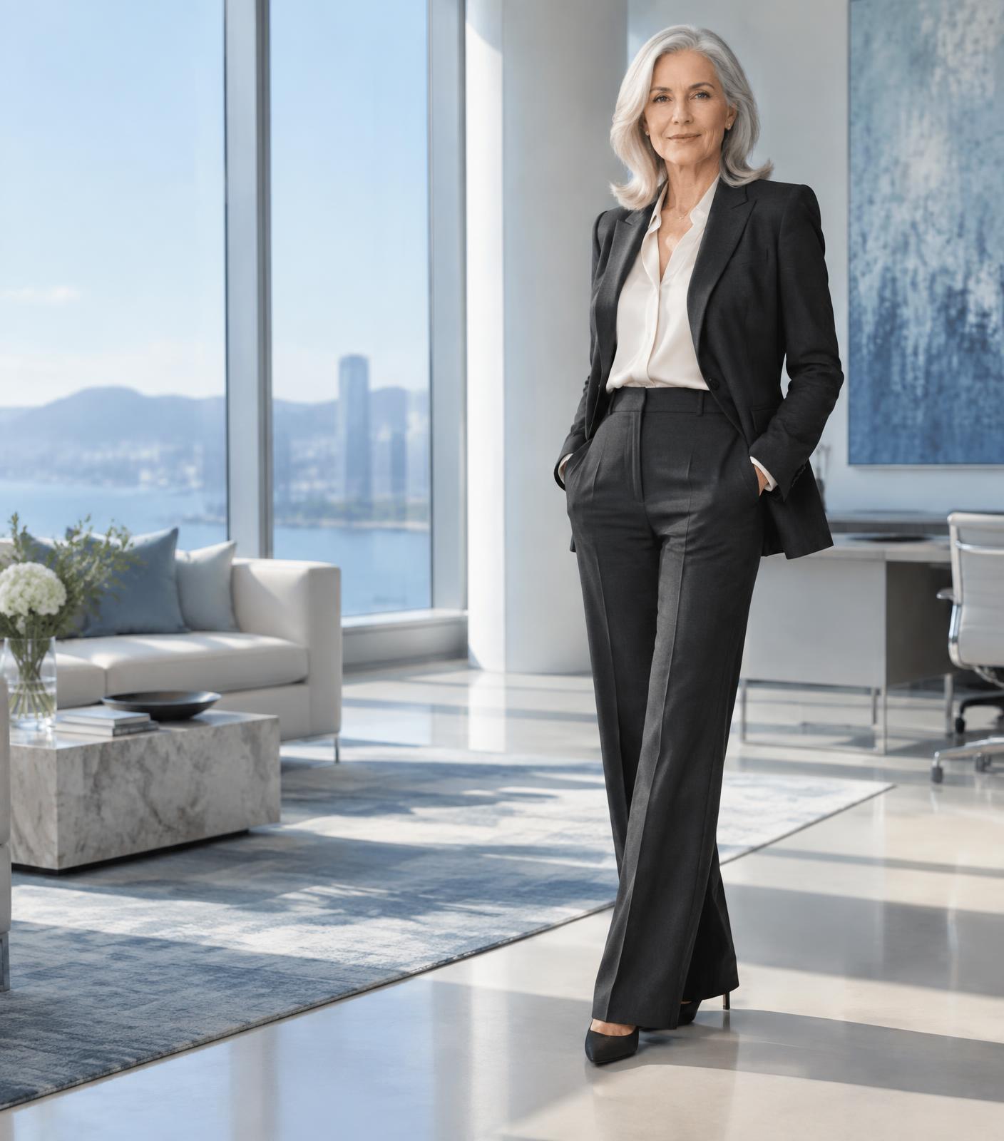 Confident silver-haired woman leader in a modern office